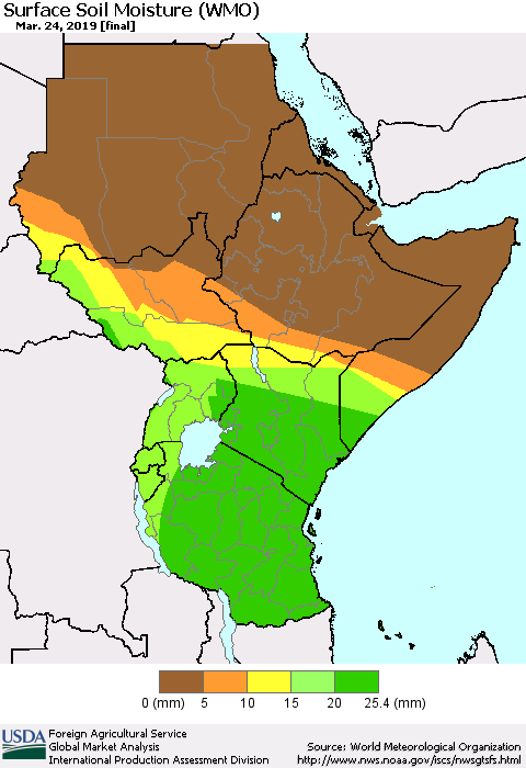 Eastern Africa Surface Soil Moisture (WMO) Thematic Map For 3/18/2019 - 3/24/2019