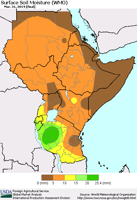 Eastern Africa Surface Soil Moisture (WMO) Thematic Map For 3/25/2019 - 3/31/2019