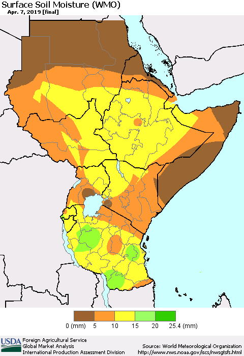 Eastern Africa Surface Soil Moisture (WMO) Thematic Map For 4/1/2019 - 4/7/2019
