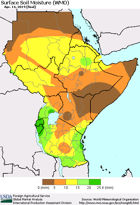Eastern Africa Surface Soil Moisture (WMO) Thematic Map For 4/8/2019 - 4/14/2019