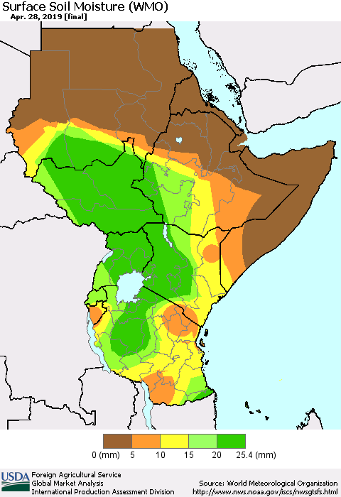 Eastern Africa Surface Soil Moisture (WMO) Thematic Map For 4/22/2019 - 4/28/2019