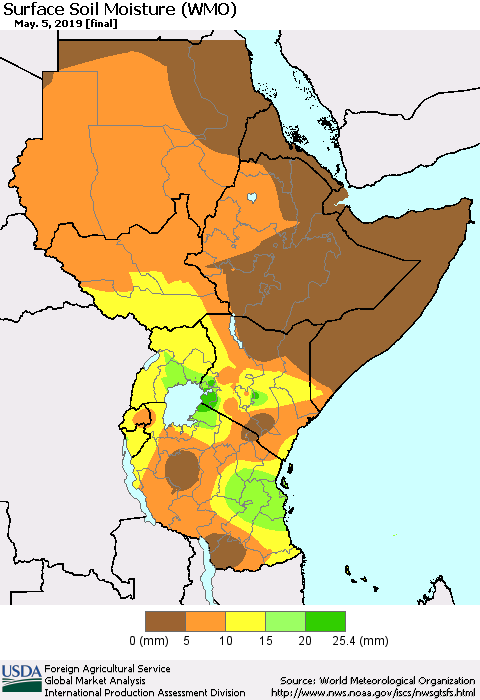 Eastern Africa Surface Soil Moisture (WMO) Thematic Map For 4/29/2019 - 5/5/2019