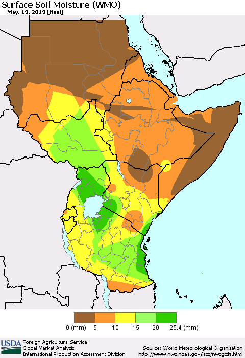 Eastern Africa Surface Soil Moisture (WMO) Thematic Map For 5/13/2019 - 5/19/2019