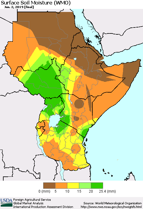 Eastern Africa Surface Soil Moisture (WMO) Thematic Map For 5/27/2019 - 6/2/2019