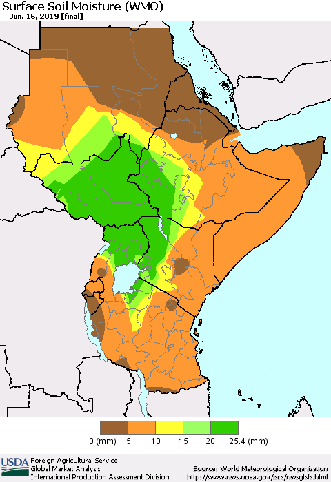 Eastern Africa Surface Soil Moisture (WMO) Thematic Map For 6/10/2019 - 6/16/2019