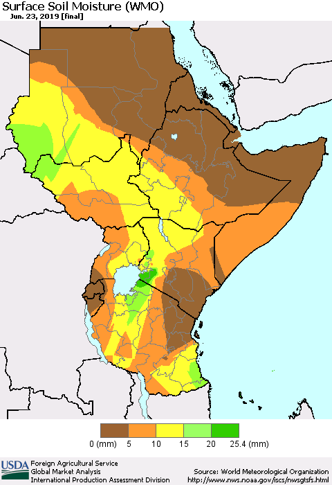 Eastern Africa Surface Soil Moisture (WMO) Thematic Map For 6/17/2019 - 6/23/2019
