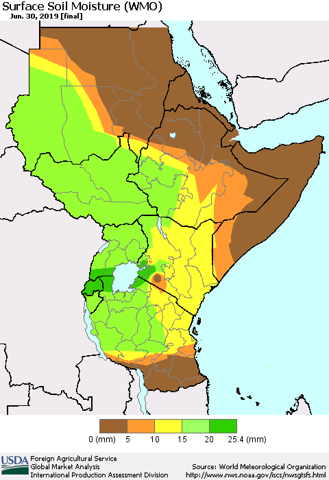 Eastern Africa Surface Soil Moisture (WMO) Thematic Map For 6/24/2019 - 6/30/2019