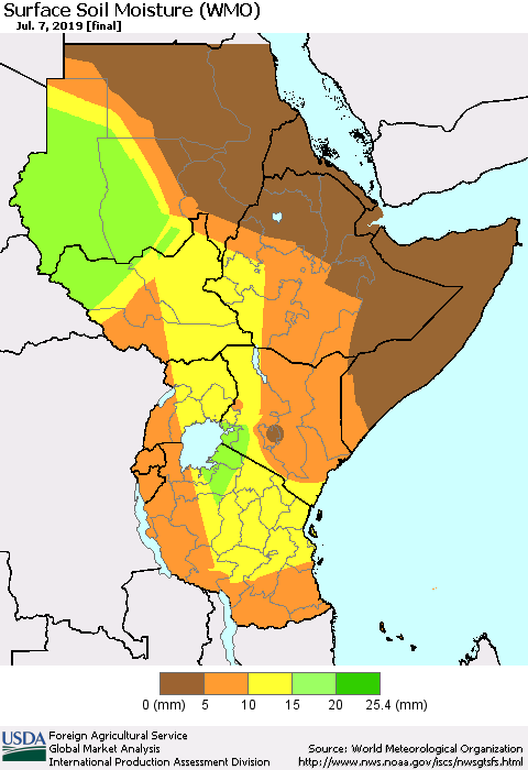 Eastern Africa Surface Soil Moisture (WMO) Thematic Map For 7/1/2019 - 7/7/2019