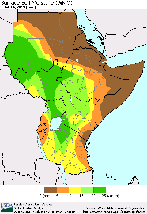 Eastern Africa Surface Soil Moisture (WMO) Thematic Map For 7/8/2019 - 7/14/2019