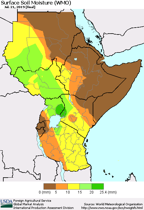 Eastern Africa Surface Soil Moisture (WMO) Thematic Map For 7/15/2019 - 7/21/2019