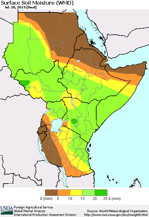 Eastern Africa Surface Soil Moisture (WMO) Thematic Map For 7/22/2019 - 7/28/2019