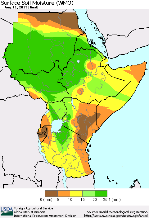 Eastern Africa Surface Soil Moisture (WMO) Thematic Map For 8/5/2019 - 8/11/2019