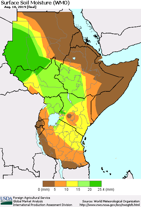 Eastern Africa Surface Soil Moisture (WMO) Thematic Map For 8/12/2019 - 8/18/2019