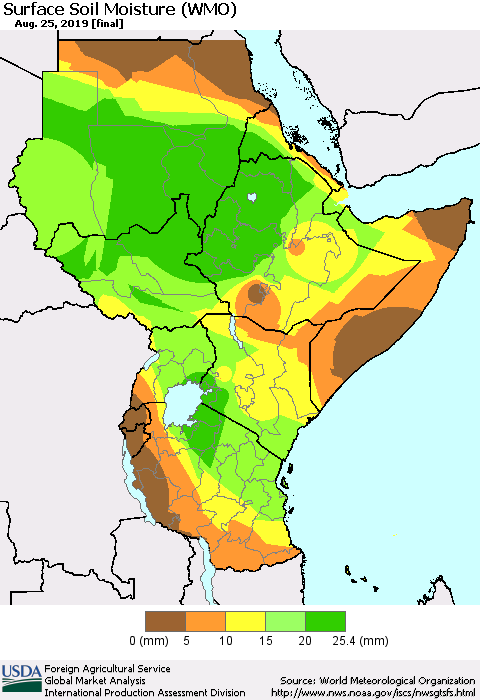 Eastern Africa Surface Soil Moisture (WMO) Thematic Map For 8/19/2019 - 8/25/2019