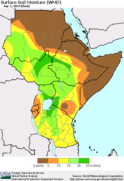Eastern Africa Surface Soil Moisture (WMO) Thematic Map For 8/26/2019 - 9/1/2019