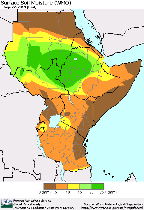 Eastern Africa Surface Soil Moisture (WMO) Thematic Map For 9/16/2019 - 9/22/2019