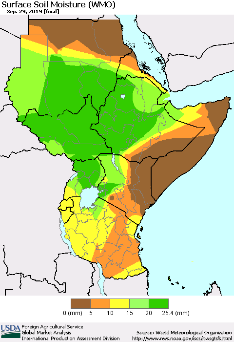 Eastern Africa Surface Soil Moisture (WMO) Thematic Map For 9/23/2019 - 9/29/2019