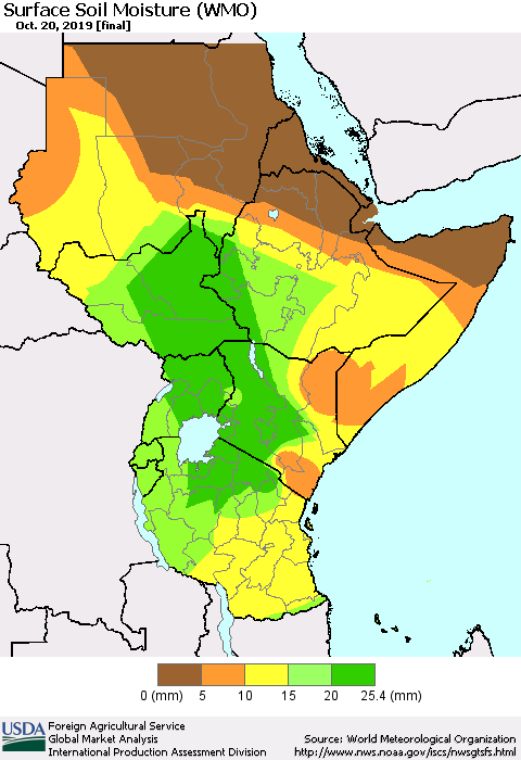 Eastern Africa Surface Soil Moisture (WMO) Thematic Map For 10/14/2019 - 10/20/2019