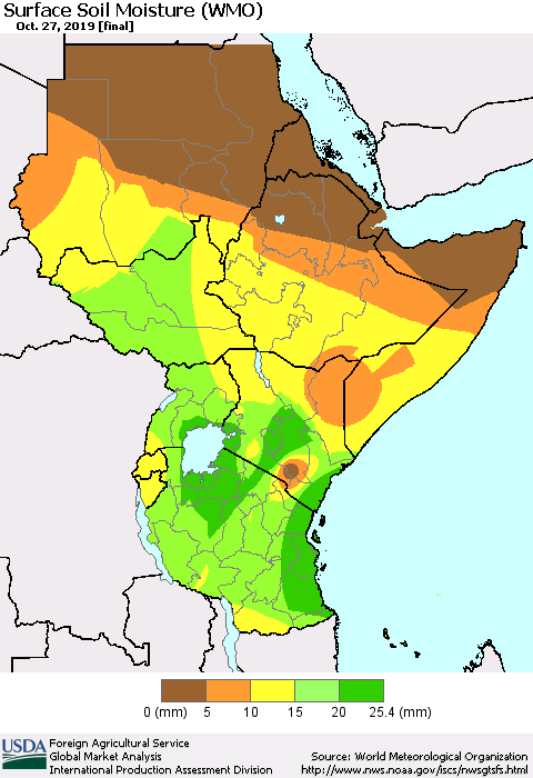 Eastern Africa Surface Soil Moisture (WMO) Thematic Map For 10/21/2019 - 10/27/2019