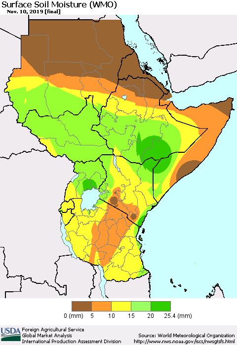 Eastern Africa Surface Soil Moisture (WMO) Thematic Map For 11/4/2019 - 11/10/2019