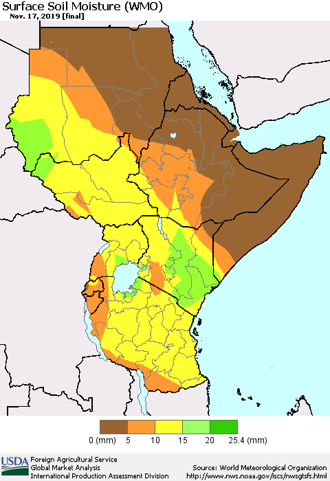 Eastern Africa Surface Soil Moisture (WMO) Thematic Map For 11/11/2019 - 11/17/2019
