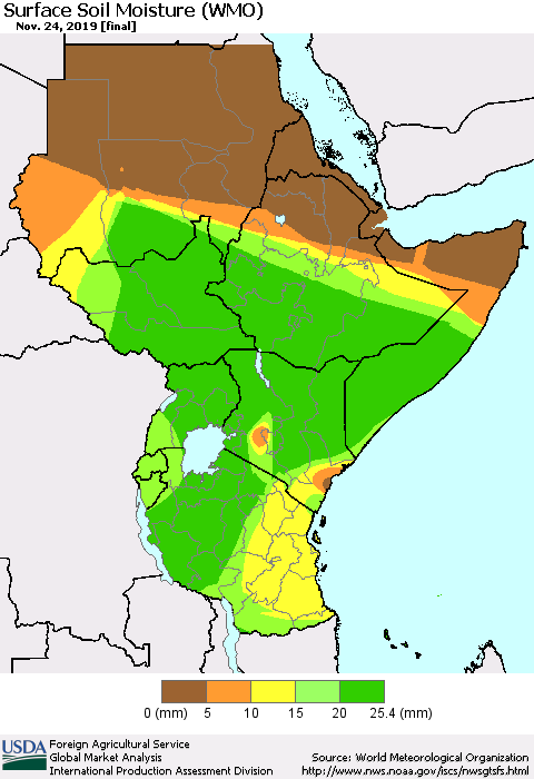 Eastern Africa Surface Soil Moisture (WMO) Thematic Map For 11/18/2019 - 11/24/2019
