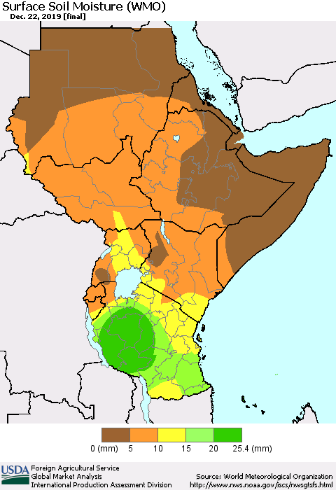 Eastern Africa Surface Soil Moisture (WMO) Thematic Map For 12/16/2019 - 12/22/2019