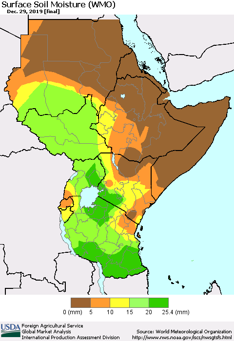 Eastern Africa Surface Soil Moisture (WMO) Thematic Map For 12/23/2019 - 12/29/2019
