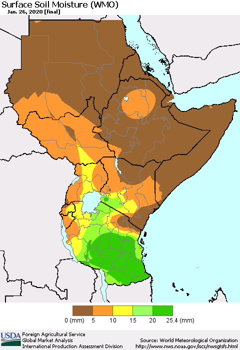 Eastern Africa Surface Soil Moisture (WMO) Thematic Map For 1/20/2020 - 1/26/2020