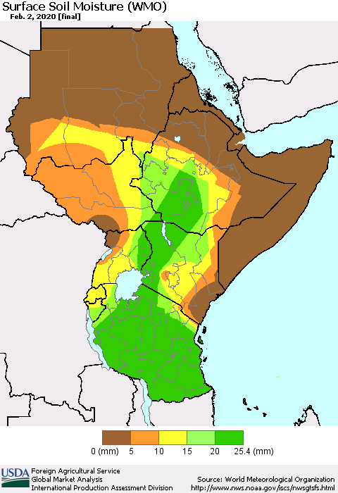 Eastern Africa Surface Soil Moisture (WMO) Thematic Map For 1/27/2020 - 2/2/2020