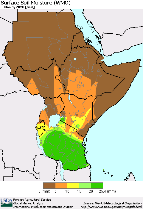 Eastern Africa Surface Soil Moisture (WMO) Thematic Map For 2/24/2020 - 3/1/2020