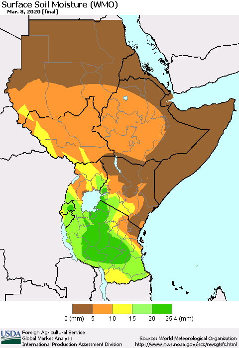 Eastern Africa Surface Soil Moisture (WMO) Thematic Map For 3/2/2020 - 3/8/2020