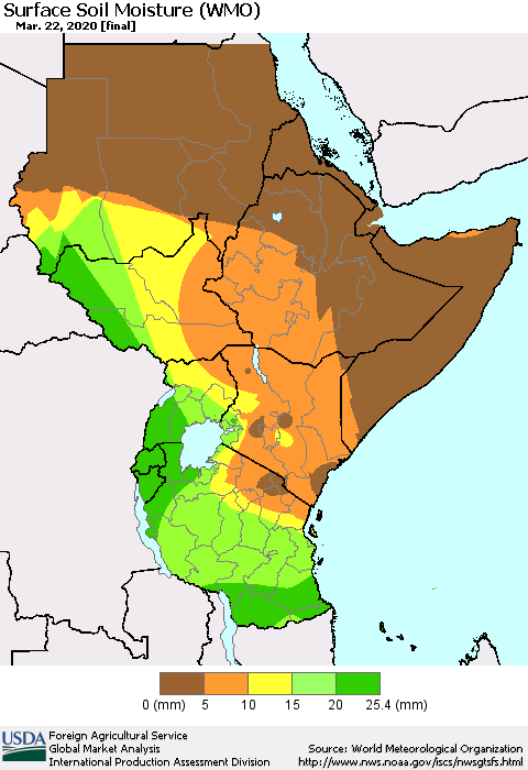 Eastern Africa Surface Soil Moisture (WMO) Thematic Map For 3/16/2020 - 3/22/2020