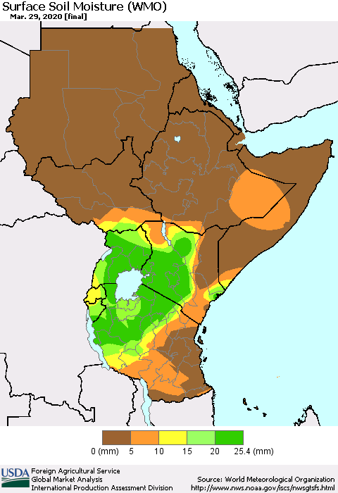 Eastern Africa Surface Soil Moisture (WMO) Thematic Map For 3/23/2020 - 3/29/2020