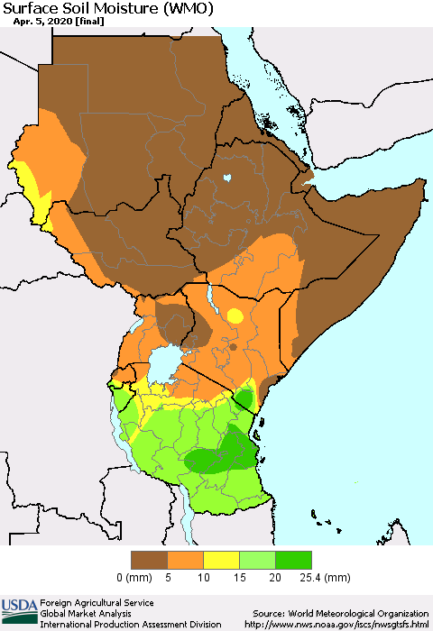 Eastern Africa Surface Soil Moisture (WMO) Thematic Map For 3/30/2020 - 4/5/2020