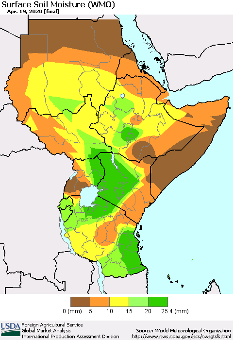 Eastern Africa Surface Soil Moisture (WMO) Thematic Map For 4/13/2020 - 4/19/2020