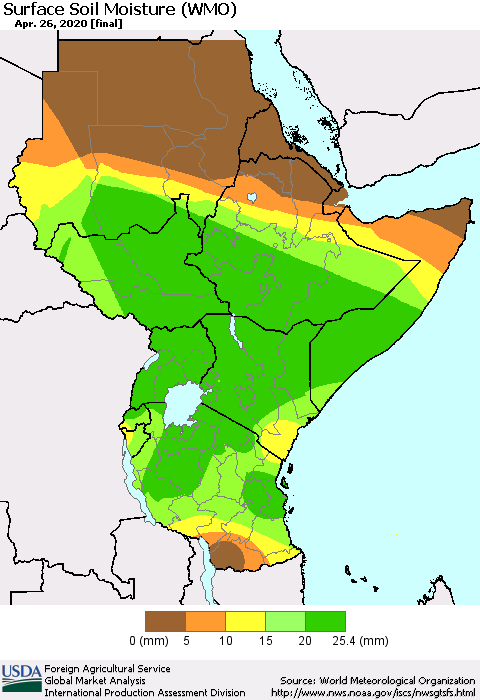 Eastern Africa Surface Soil Moisture (WMO) Thematic Map For 4/20/2020 - 4/26/2020