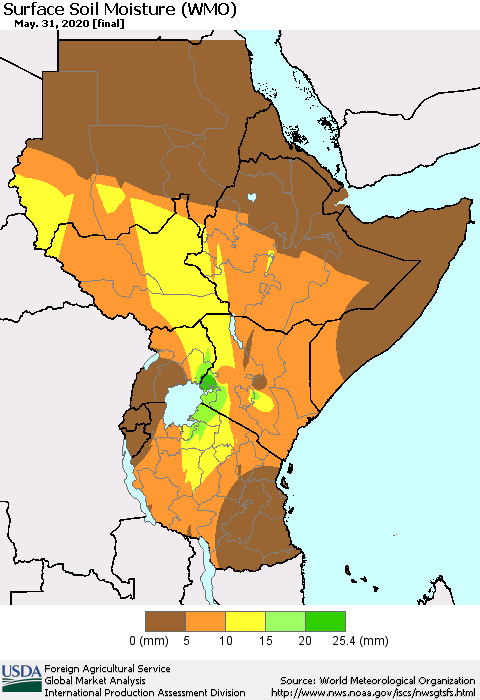 Eastern Africa Surface Soil Moisture (WMO) Thematic Map For 5/25/2020 - 5/31/2020