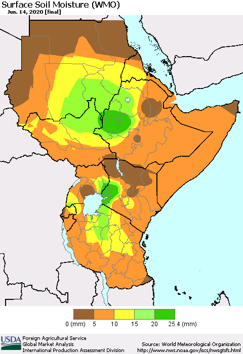 Eastern Africa Surface Soil Moisture (WMO) Thematic Map For 6/8/2020 - 6/14/2020