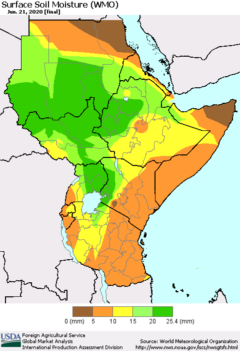 Eastern Africa Surface Soil Moisture (WMO) Thematic Map For 6/15/2020 - 6/21/2020