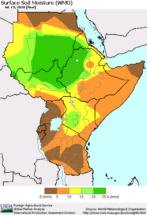 Eastern Africa Surface Soil Moisture (WMO) Thematic Map For 7/13/2020 - 7/19/2020