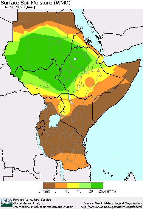Eastern Africa Surface Soil Moisture (WMO) Thematic Map For 7/20/2020 - 7/26/2020