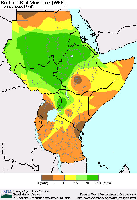 Eastern Africa Surface Soil Moisture (WMO) Thematic Map For 7/27/2020 - 8/2/2020