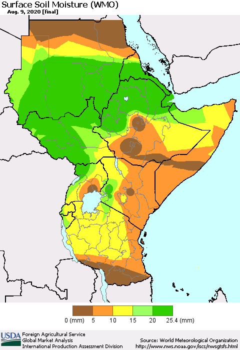 Eastern Africa Surface Soil Moisture (WMO) Thematic Map For 8/3/2020 - 8/9/2020