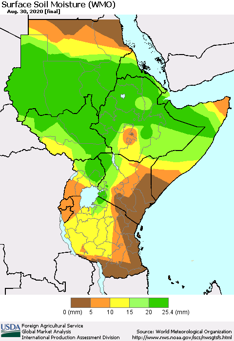 Eastern Africa Surface Soil Moisture (WMO) Thematic Map For 8/24/2020 - 8/30/2020