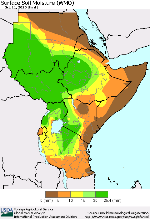 Eastern Africa Surface Soil Moisture (WMO) Thematic Map For 10/5/2020 - 10/11/2020