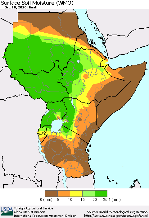 Eastern Africa Surface Soil Moisture (WMO) Thematic Map For 10/12/2020 - 10/18/2020