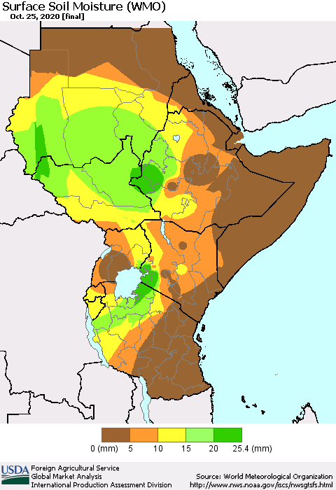 Eastern Africa Surface Soil Moisture (WMO) Thematic Map For 10/19/2020 - 10/25/2020