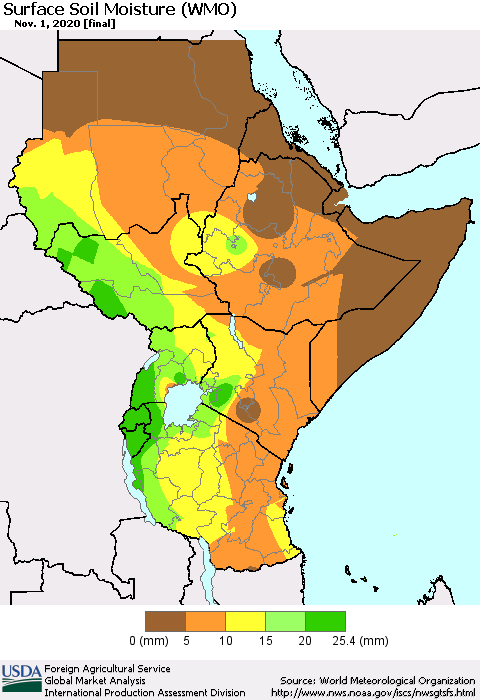 Eastern Africa Surface Soil Moisture (WMO) Thematic Map For 10/26/2020 - 11/1/2020