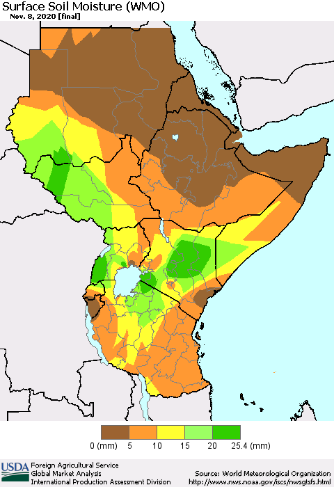 Eastern Africa Surface Soil Moisture (WMO) Thematic Map For 11/2/2020 - 11/8/2020